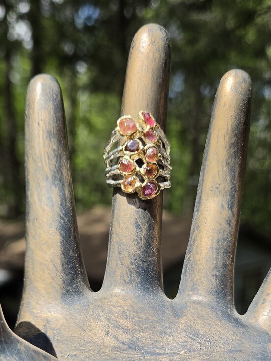 Celestial Kharma Collection by Avelon Jewelry - Tourmaline Natural Multi Color Sterling & Gold Finger Cuff Sz7